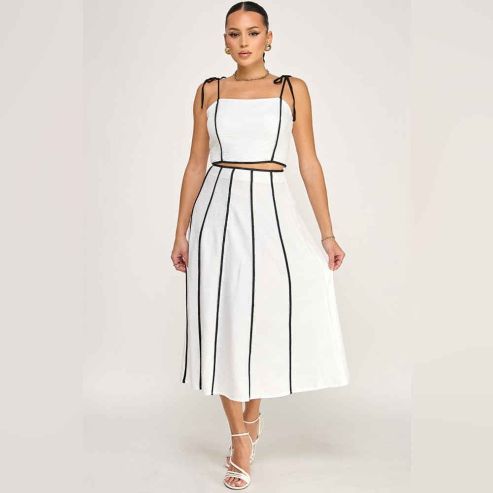 White Midi Skirt with Black Trim - Elegant Vertical Stripe